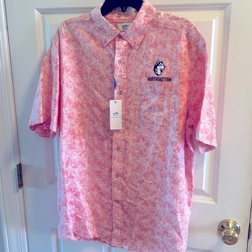 Southern Tide Pink & White Tropical Print Button-Down with Northeastern Logo